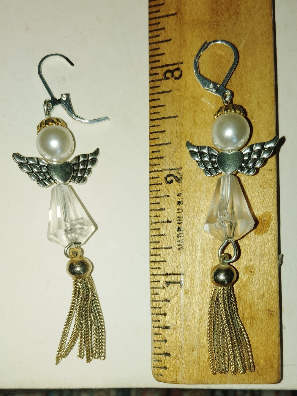Pearl Angel Wing Tassel Earrings - White & Gold Wire Pierced Secure Clasp - Picture 4 of 4